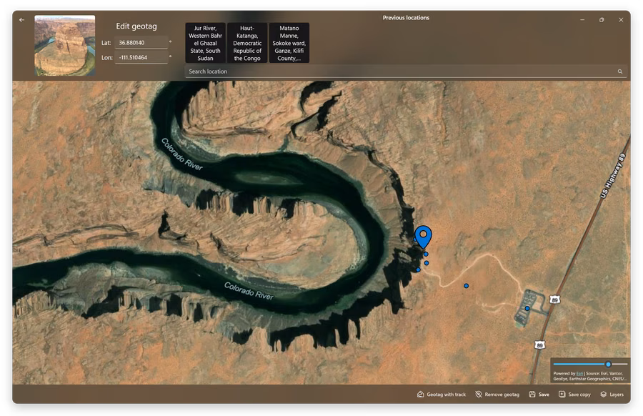 GeoPhoto editing a photo geotag on a satellite map