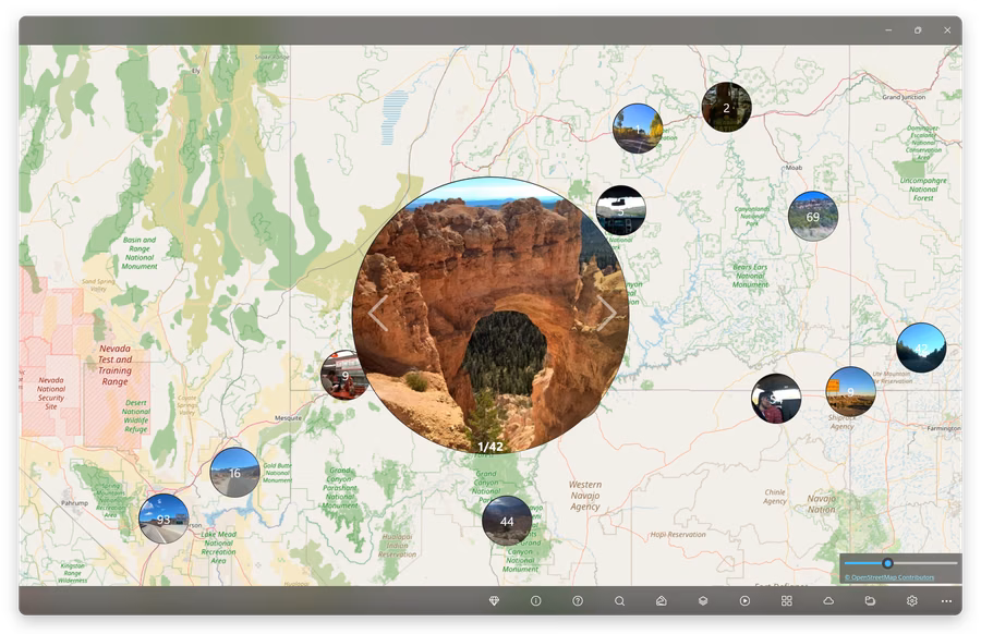 GeoPhoto showing a large travel photo preview on an interactive map