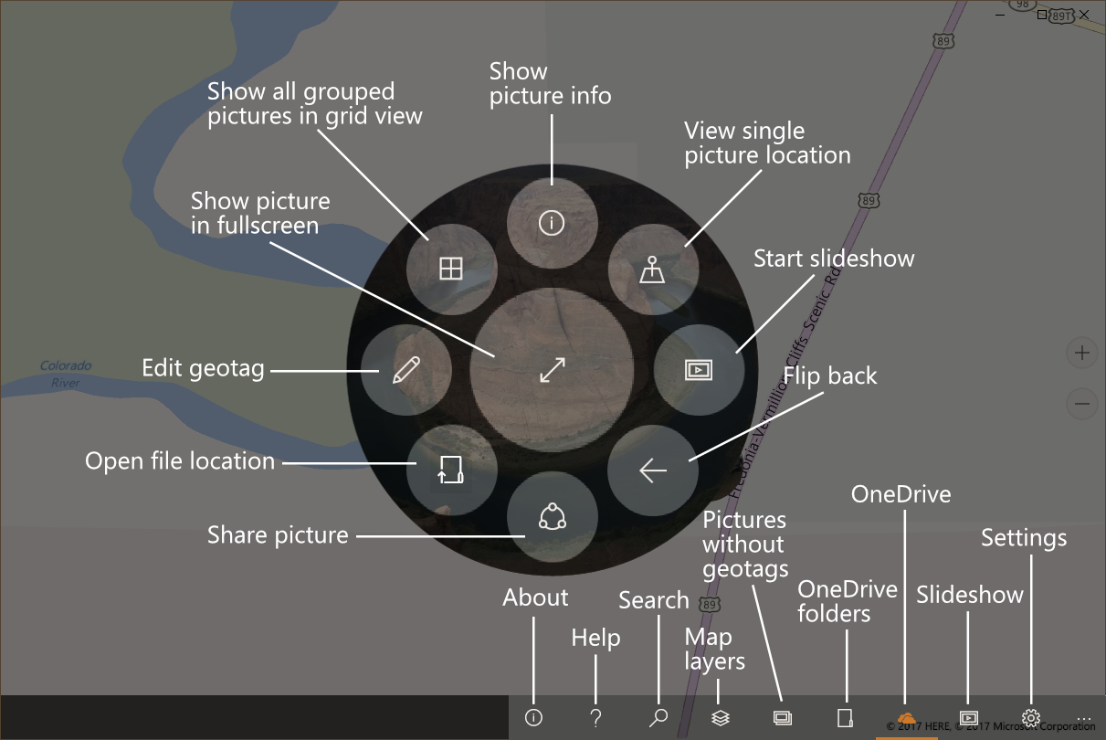 GeoPhoto Windows button guide showing map, photo and toolbar actions
